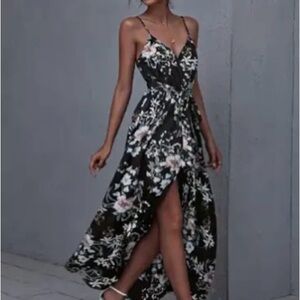 Floral Black V-Neck Hi-Lo Maxi Dress
